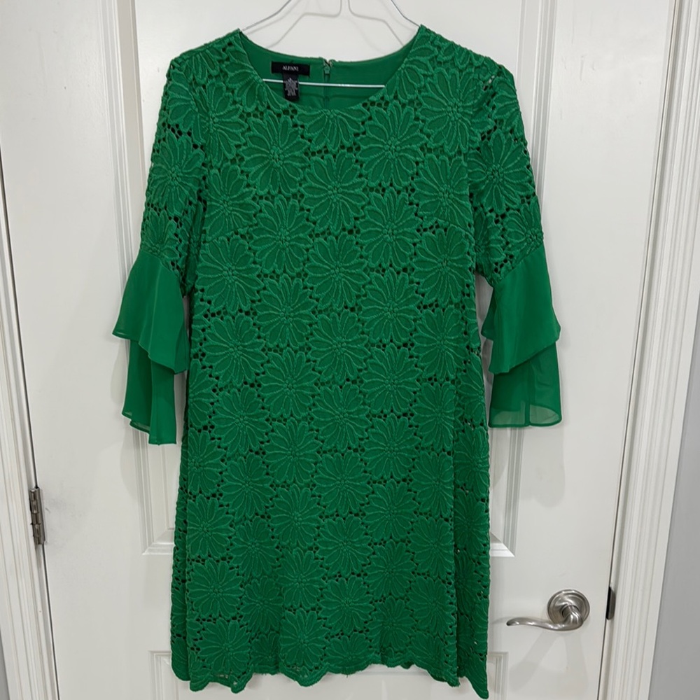 Alfani Green Mini Dress with Ruffled Bell Sleeves and A-Line Style